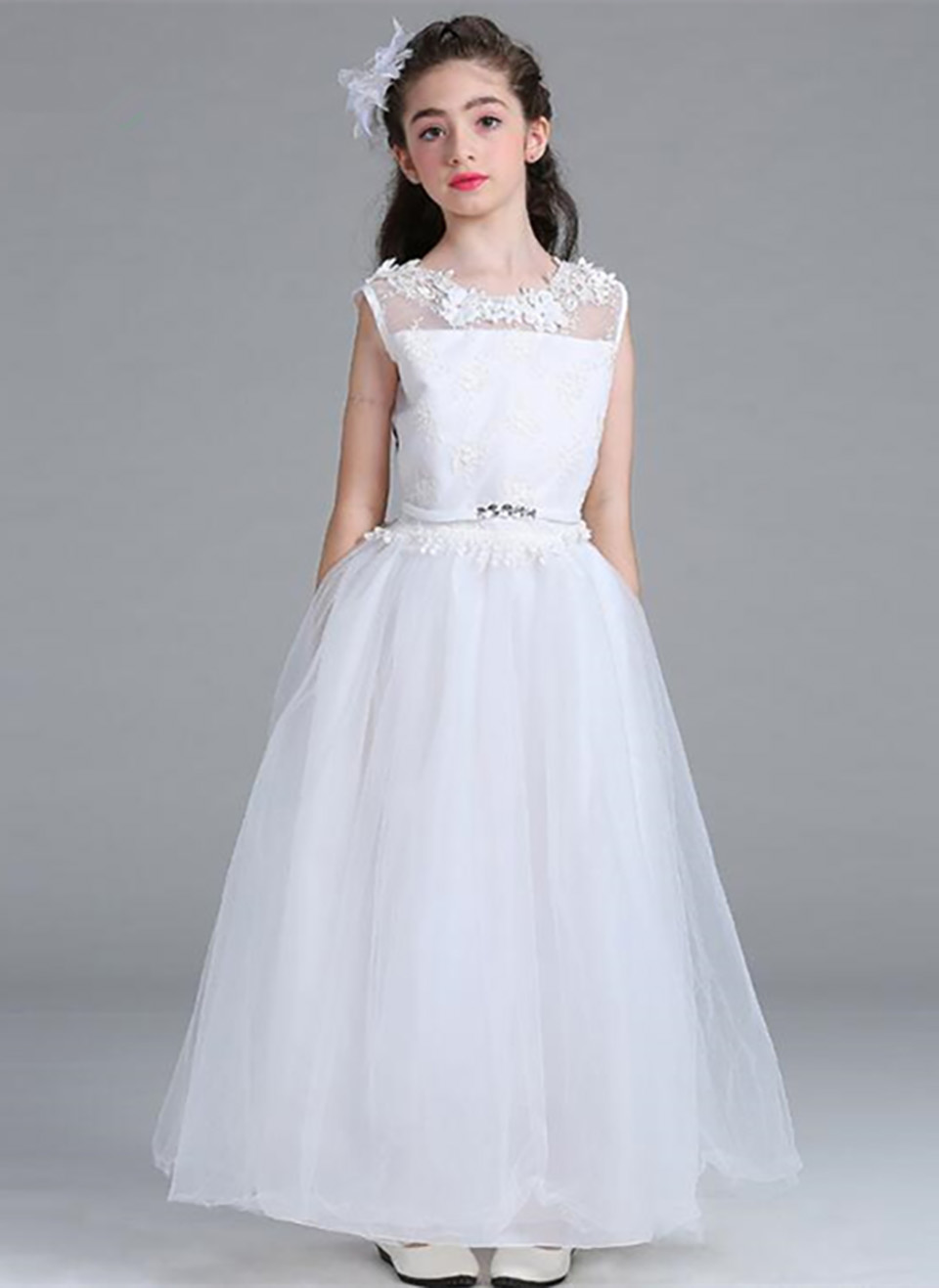 Flower Girl Dress For Weddin Party White Elegant Lace Tulle Girl Formal Gown First Communion Dresses For Teenage Girl