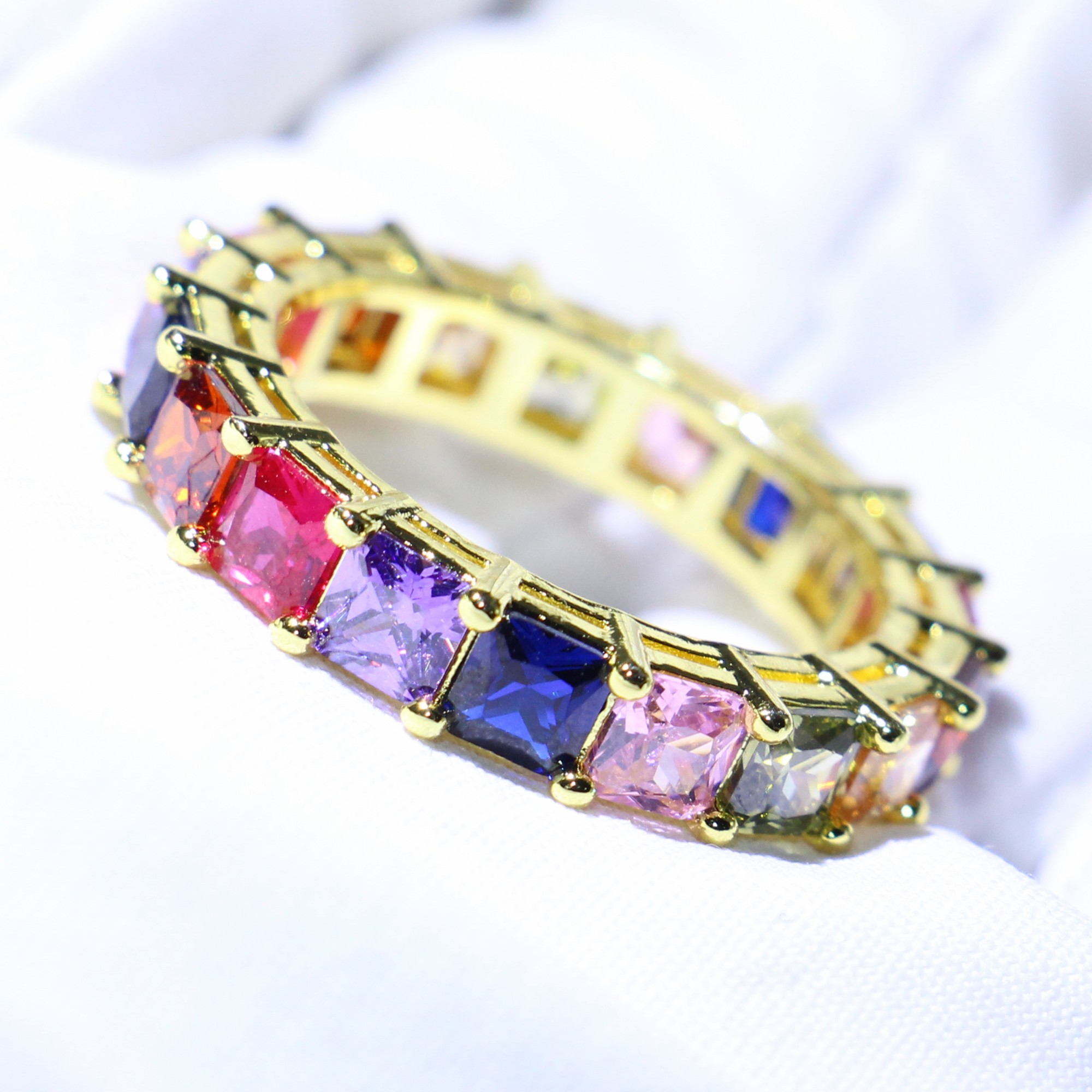 2019 New Arrival Cut Shinning Luxury Jewelry 925 Sterling Silver&Gold Fill Multi Color Topaz CZ Diamond Stackable Women Wedding Band Ring