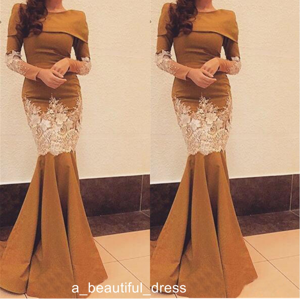 Arabic dress Long Sleeve Mermaid Evening Dresses Prom New Arrival Floor Length Lace Applique Formal Women Party Gown ED1300