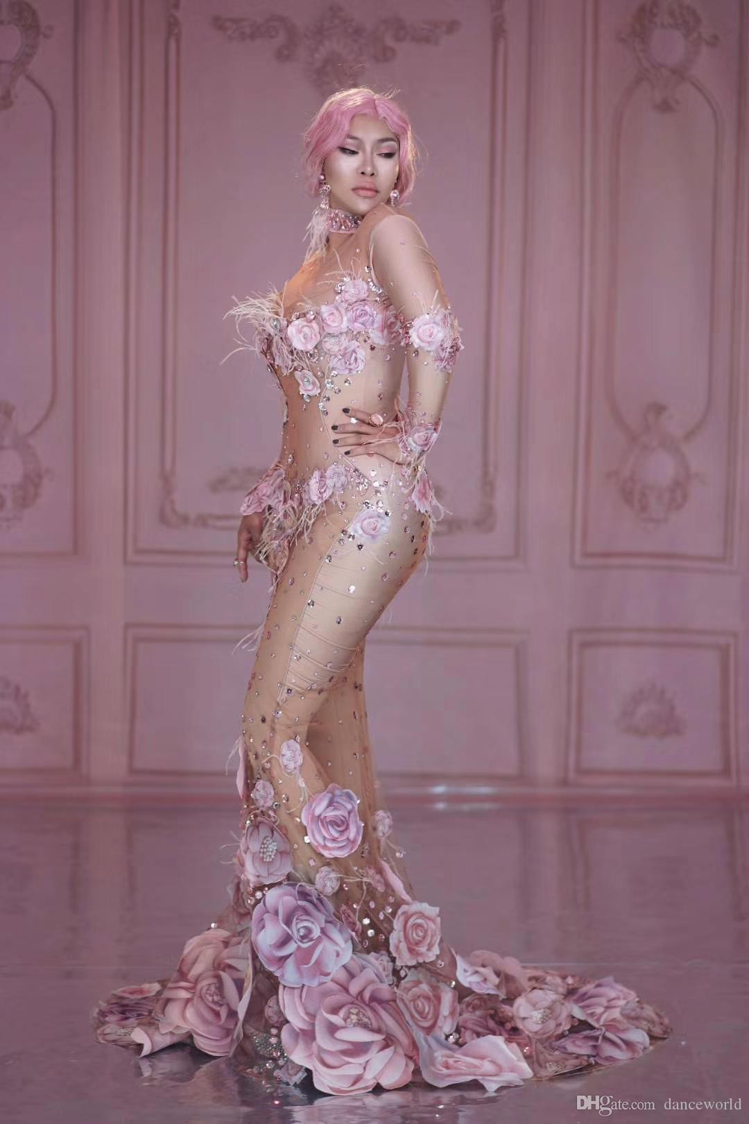 pink flowers see through long sleeve prom dresses beaded mermaid celebrity party gowns singer performance costume formal evening dress
