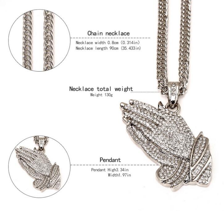 New Silver Praying Hands Hiphop Bling Necklace Mens 18k Gold Religous Jewlry Iced Out Prayer Jesus Women Men Gift Plating WL017