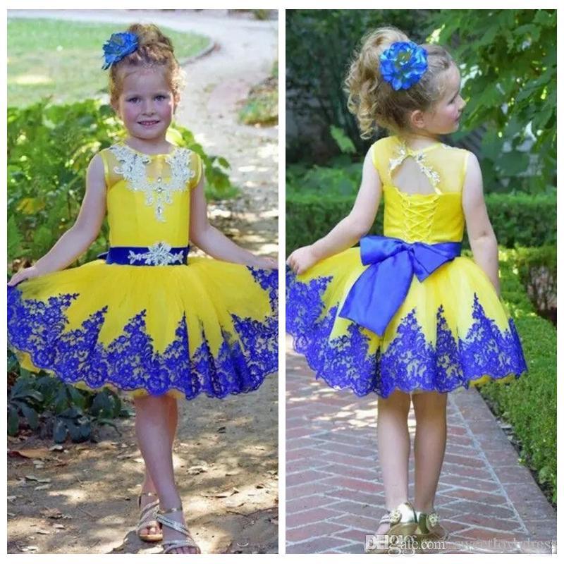 Yellow tulle And Blue Appliqued Short Girls Pageant dresses with O Neck sleeves Back LAce Up bow Knee Length Birthday Party Wears