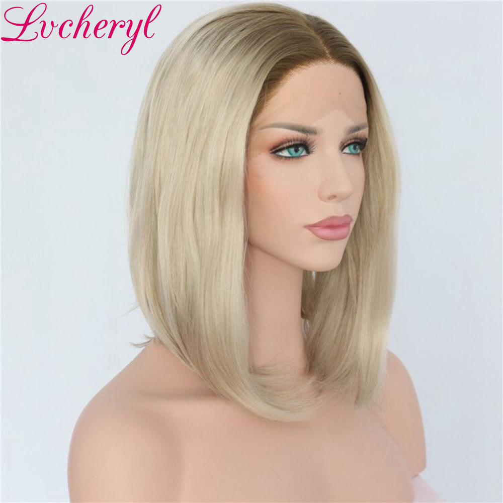 Fashion Hair Blonde Ombre Lace Front Wig Synthetic Short bob Straight Wigs with Dark Roots for Black Women Heat Resistant Fiber