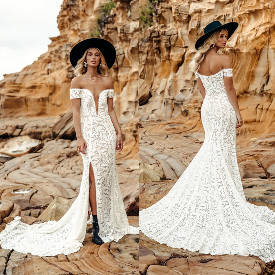 country mermaid wedding dresses off the shoulder full lace side split bridal gowns sweep train robe de marie