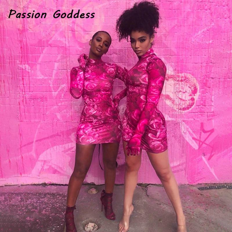 Rose Flower Tie Dye Bodycon Dress with Gloves Street Women Long Sleeve Mini Dress Elastic Hight Party Gloves Mujer