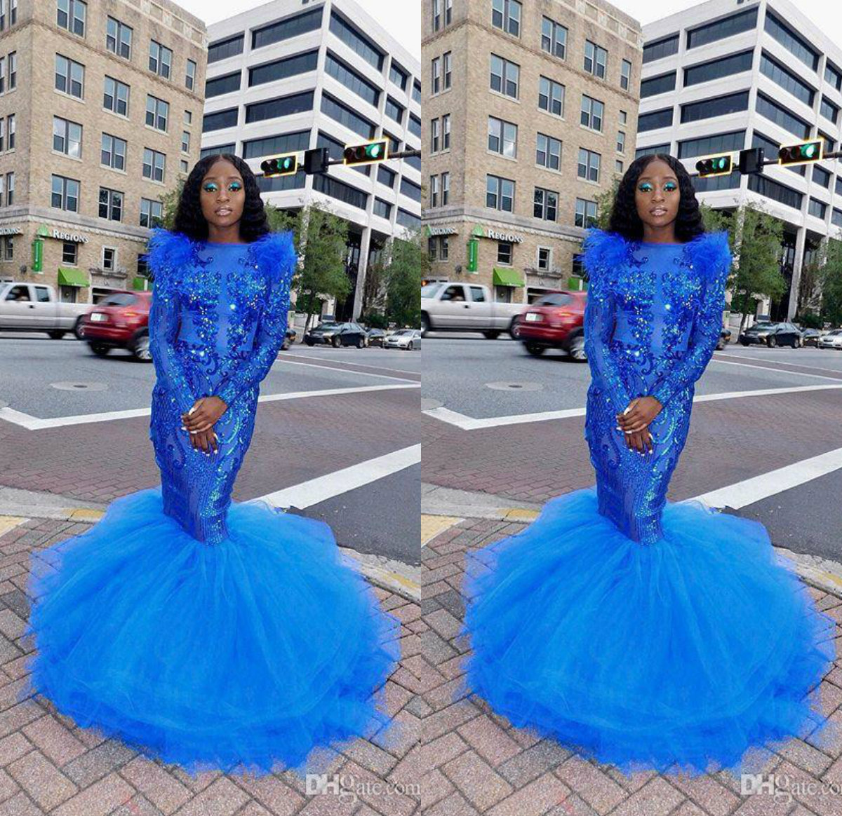 2019 South African Mermaid Prom Dresses Royal Blue Feather Sequined Plus Size Evening Dress Long Sleeve Illusion Formal Party Gowns