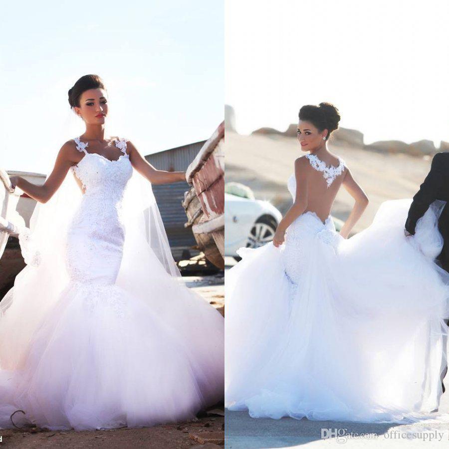 White Arabic Sexy Lace Wedding Dresses New Sweetheart Illusion Back Appliques Beaded Sheer Trumpet Backless Bridal Gowns Vestidos De Novia less