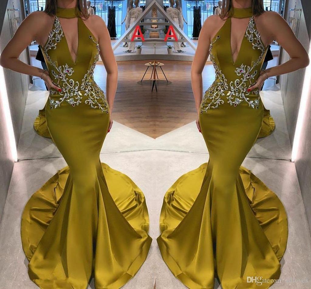 Mermaid Green Sexy Evening Dresses Long Arabic 2020 Deep V Neck Sequins Lace Backless Formal Occasion Party Wear Plus Size Vestidos