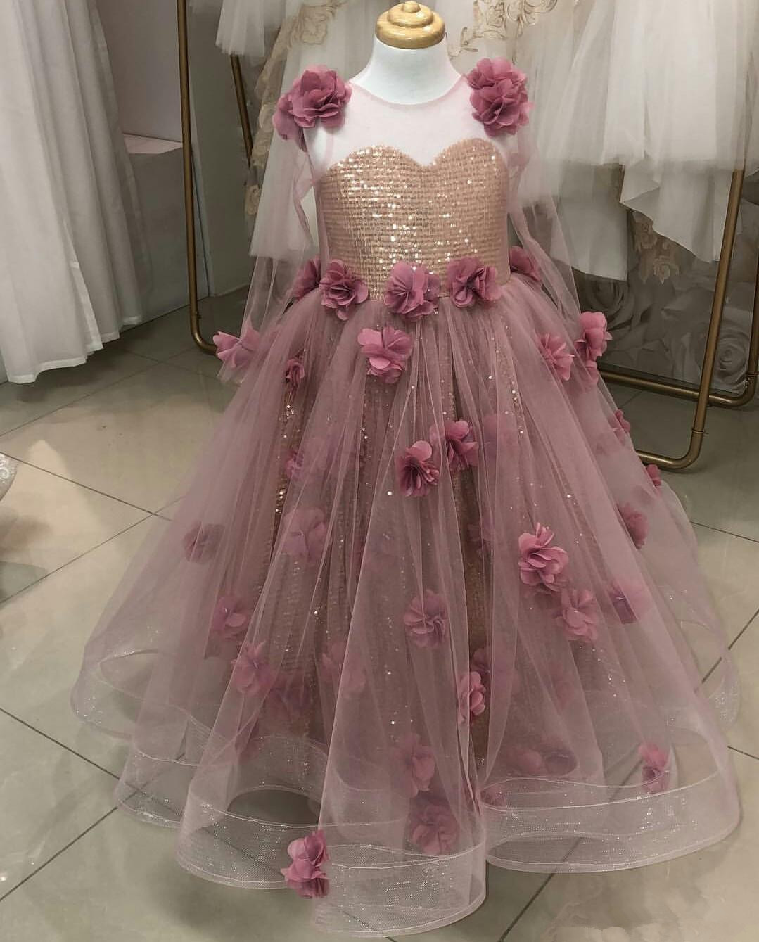 Cute Pink Flower Girls Dresses For Weddings 3D Floral Appliqued Kids Formal Wear Fashion Pageant Outfit Gowns vestidos de primera