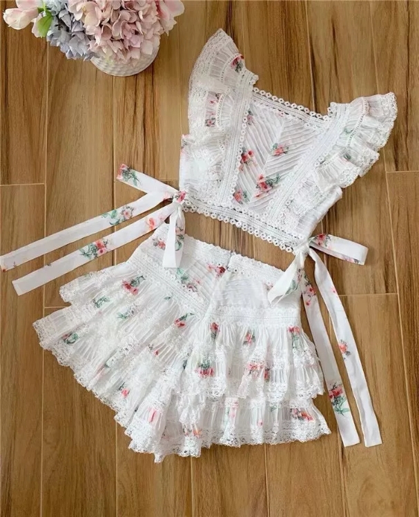 Z summer print hollow ruffled vest top + lace layered lace shorts suit, Customize
Z summer print hollow ruffled vest top + lace layered lace shorts suit, Customize