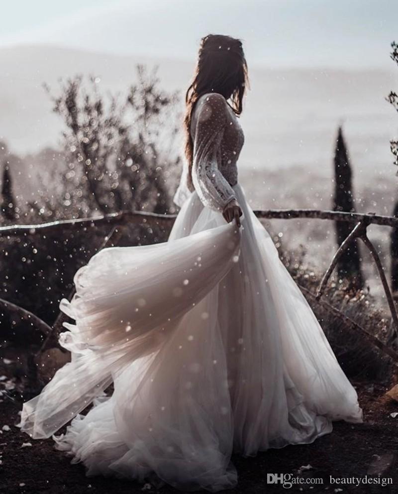 Beach New Elegant Two Pieces Wedding Dresses With Belt A E Long Sleeve Lace Appliqued Boho Sweep Train Tulle Bridal Dress Vestidos Ppliqued 6660306