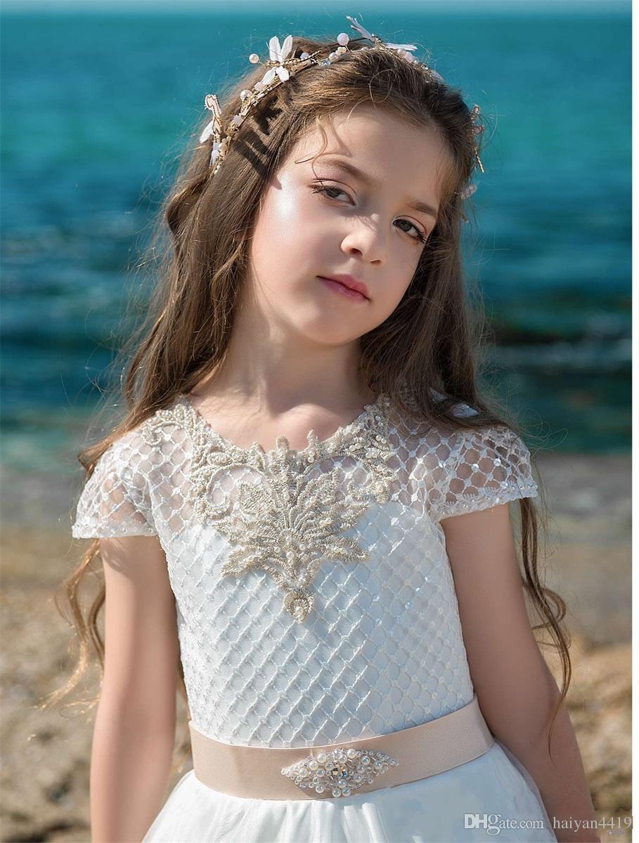 Flower Lovely Girl Dresses for Weddings Jewel Neck Tulle Appliques Short Sleeve Beaded Tiered Ruffles Girls Pageant Dress Prom Gowns s