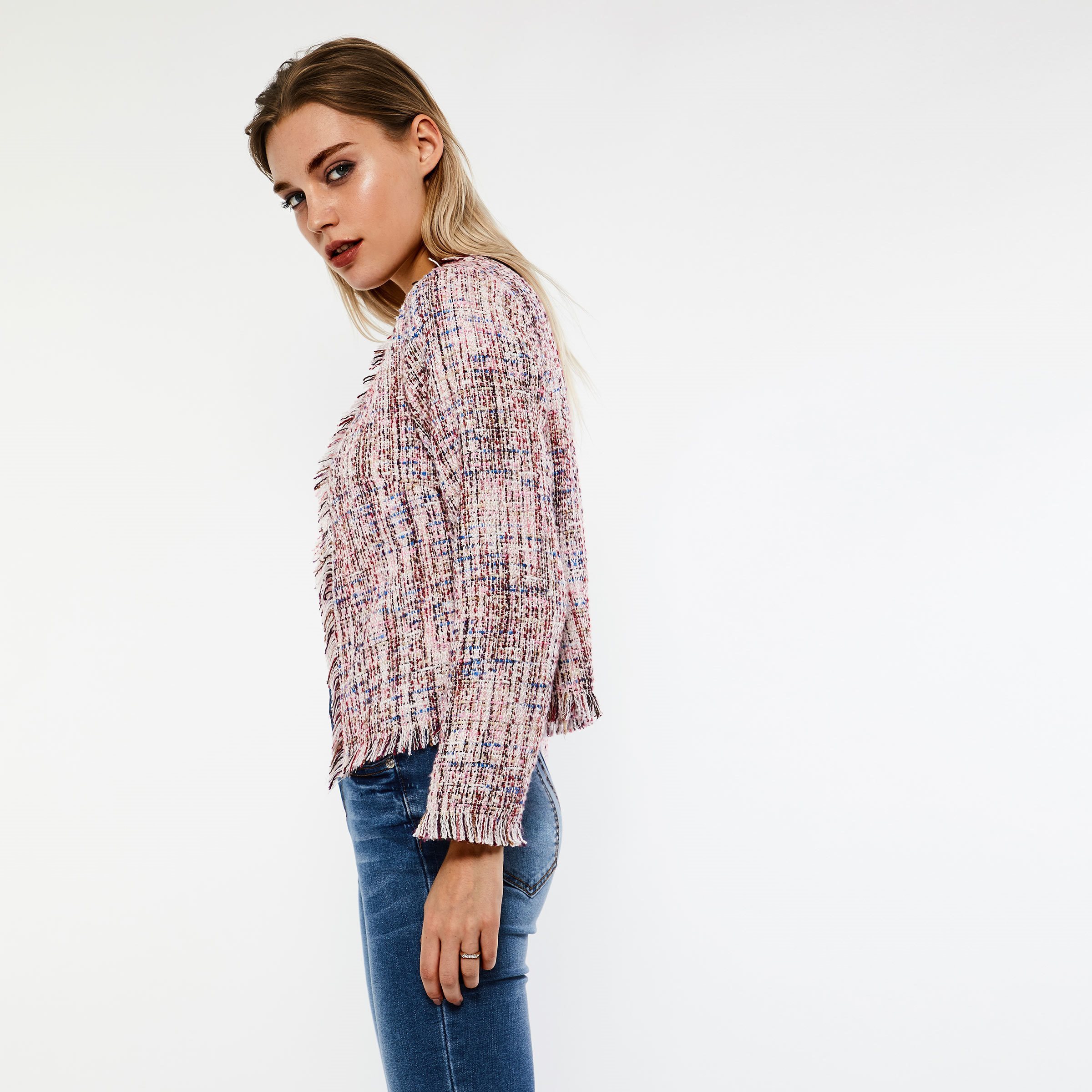 Women Vintage Spring Sweet Pink Tweed Short Jacket Coat Office Lady Work Retro Boho Tassel Slim Outerwear Jackets Coats C19041501