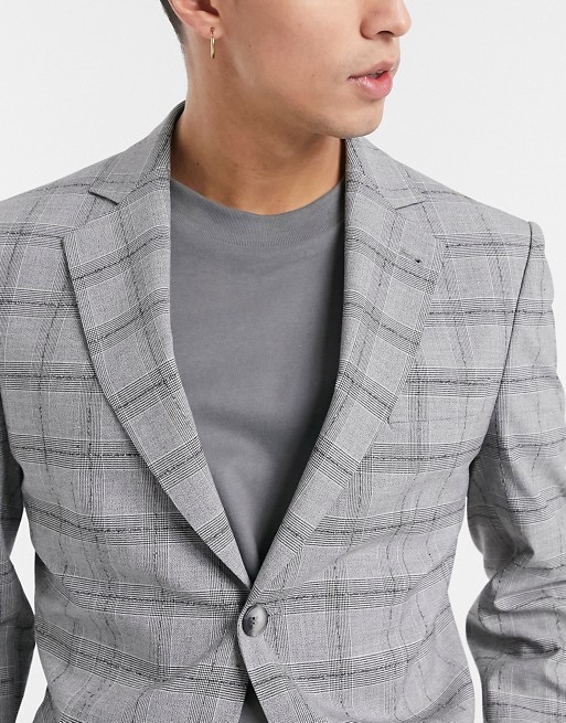 New Fashion Gray Check Plaid Men's Suit Wedding Tuxedo Formal Slim Fit One Button Groom Prom Dinner Blazer Suits(Jacket+Pants)