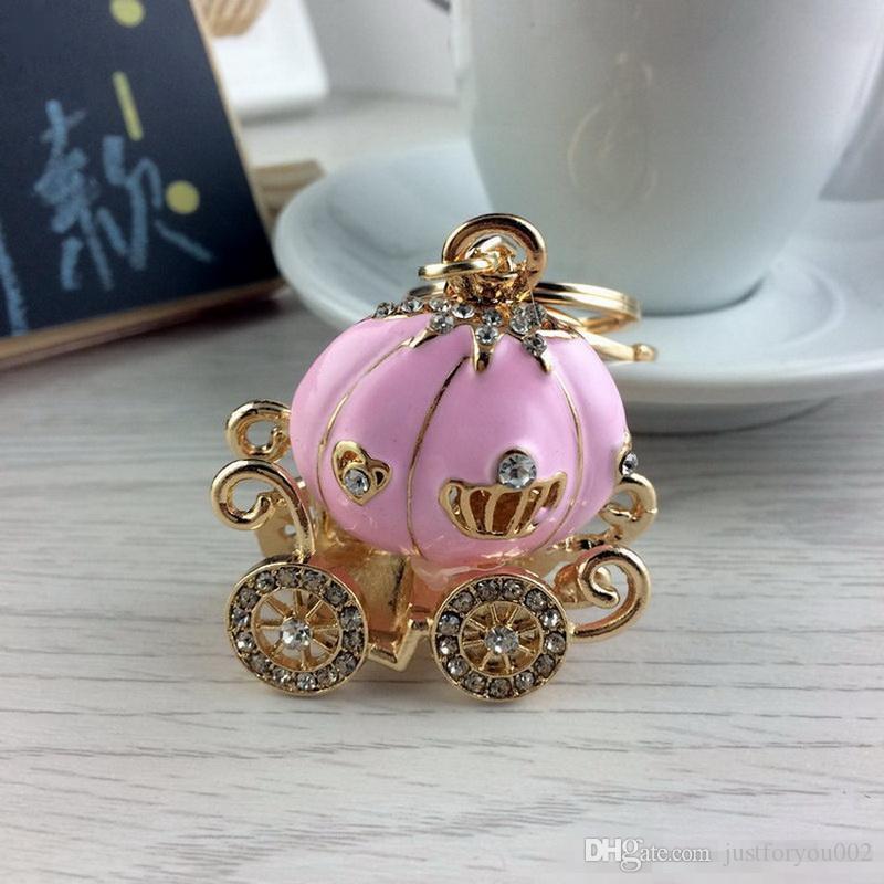 Cinderella Pumpkin Carriage Keychain Key Chain White and Pink Color Gold Plated Alloy Key Ring Wedding Favors Party Gift