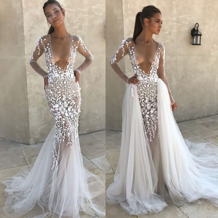berta mermaid wedding dresses with detachable deep v neck 3d flower appliqued bridal gowns long sleeve tulle wedding dress