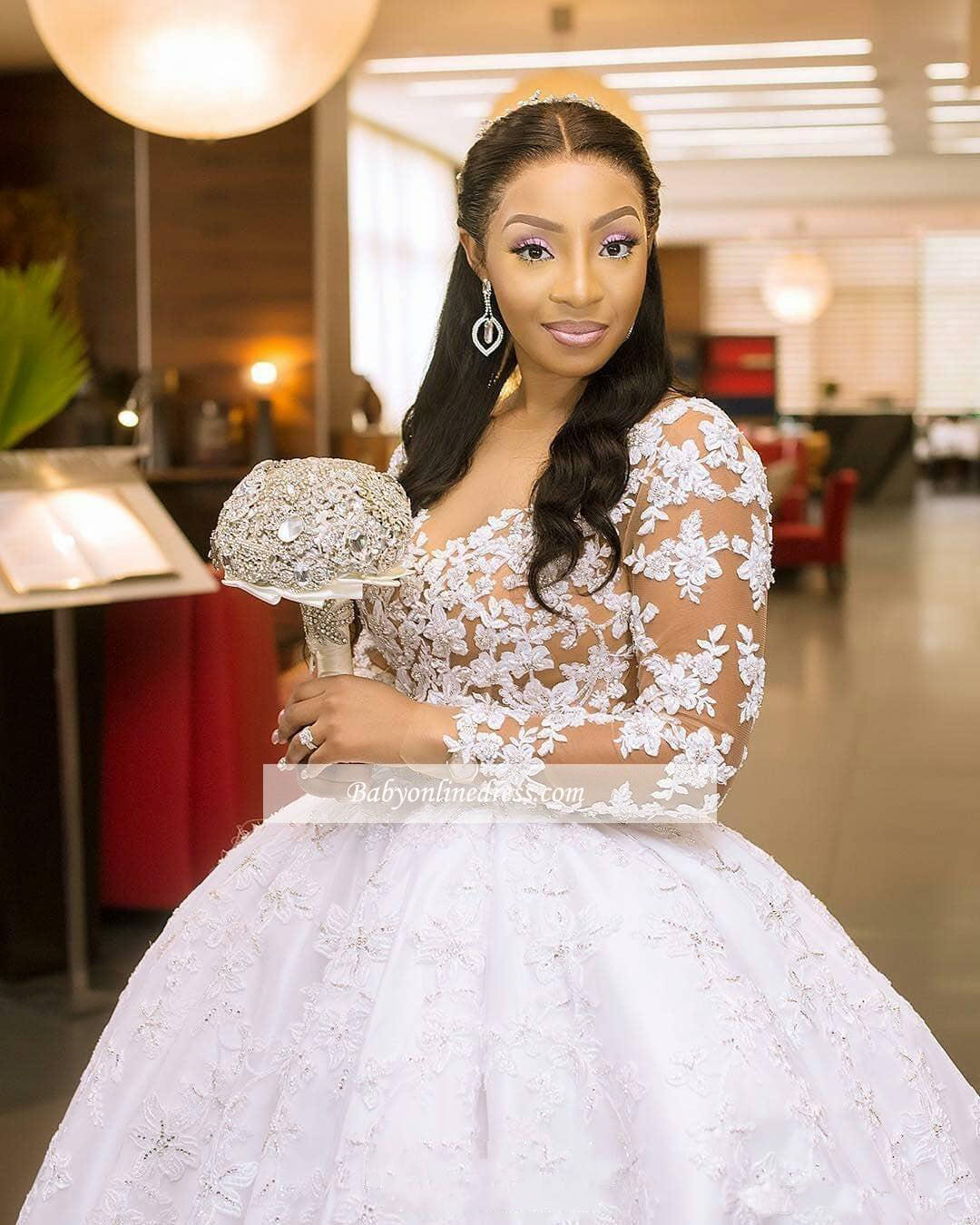 Arabic Middle East Ball Gown Wedding Dresses Sheer V-neck Long Sleeves Lace Appliques Button Back Long Vestidos Bridal Gowns