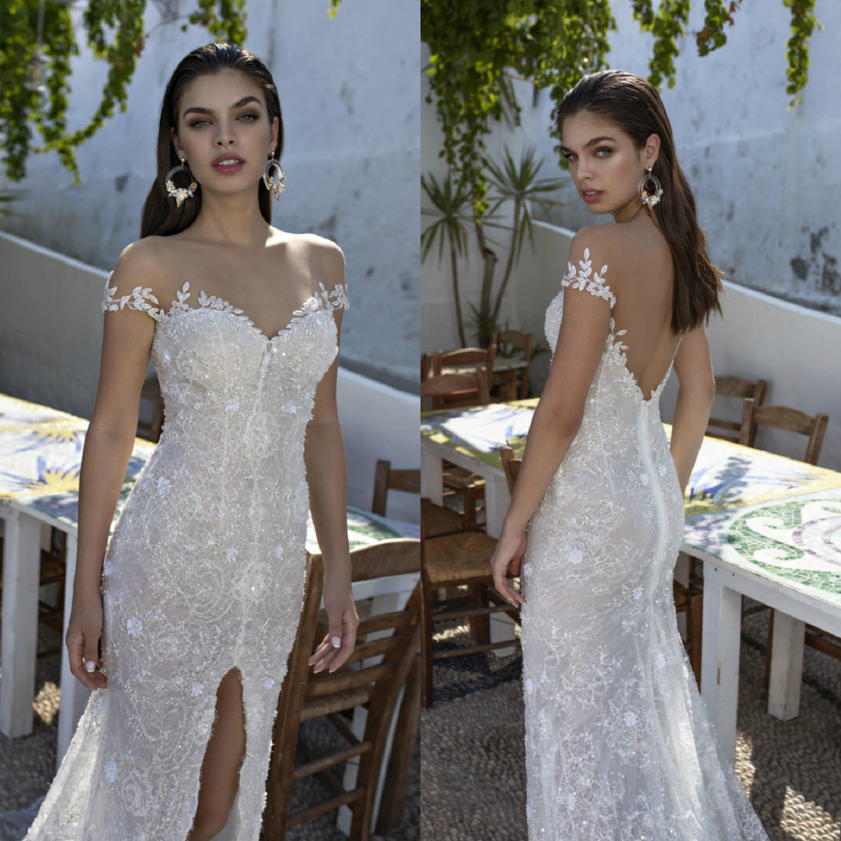 Lian Rokman Mermaid Front Split Wedding Dresses 2020 Appliqued Lace Jewel Neck Beads Bridal Gowns Sweep Train Backless Robe De Mariée