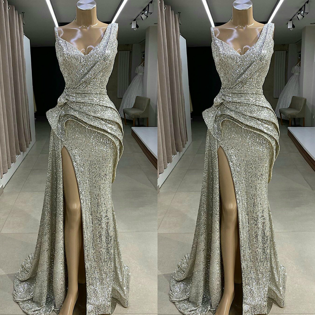 sparkly silver sequined mermaid prom dresses v neck side split evening gowns sweep train cheap party dress vestido de fiesta