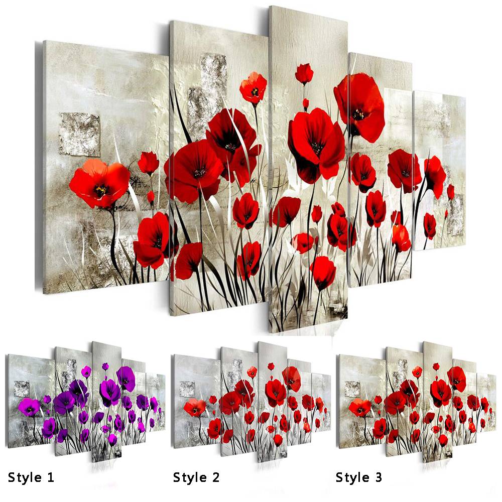 5PCS/Set modern Red Pruple Poppy Flower Art Print Frameless Canvas Painting Wall Picture Home Decoration,Choose Color And Size No Frame
