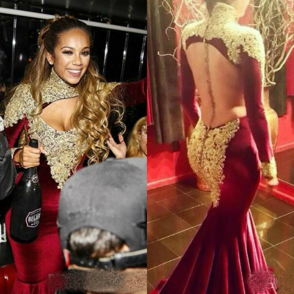 African Arabic Mermaid Prom Dresses Long Sleeve Gold Lace Appliqued High Collar Evening Dress Backless Sexy Party Gowns robes de soirée