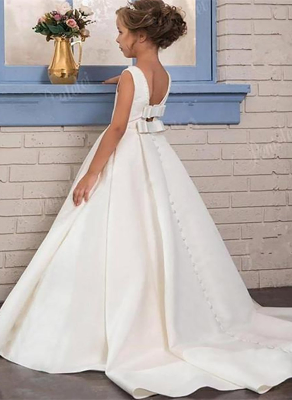 White Satin Flower Girl Dresses For Weddings A-Line Holy First Communion Dresses Princess Pageant Party Dresses
