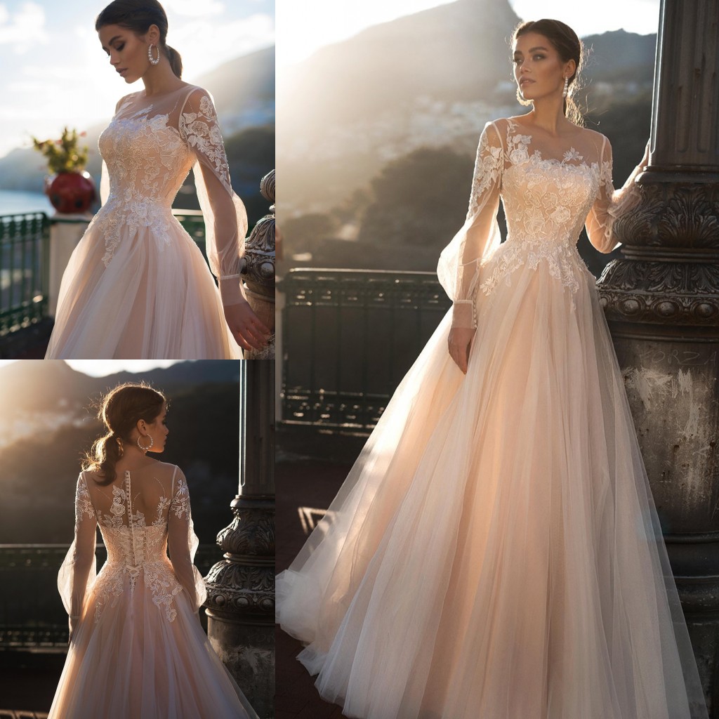 Lace Appliqued Graceful Wedding Dresses Sheer Bateau Neck Long Sleeves Bridal Gowns A Line Sweep Train Tulle Robe De Marie