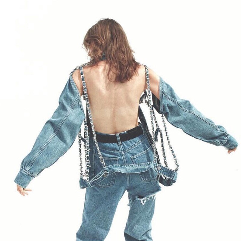 Summer Women Chains Patchwork Denim Jacket Lapel Long Sleeve Backless Coat Button Hollow Out Jacket, Blue
Summer Women Chains Patchwork Denim Jacket Lapel Long Sleeve Backless Coat Button Hollow Out Jacket, Blue