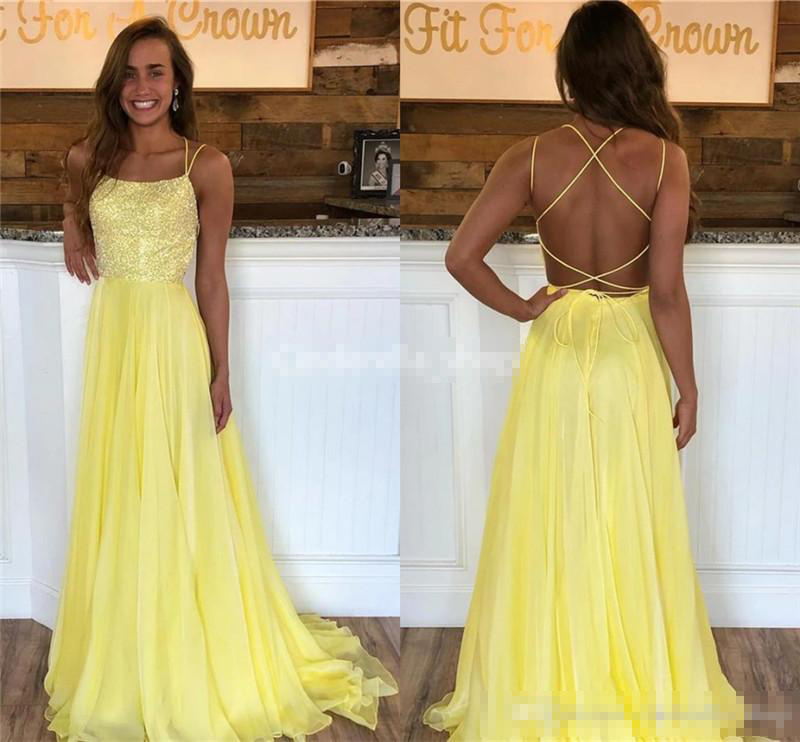 Yellow Sexy Backless Evening Dresses Chiffon Criss Cross Straps A E Sweep Train Sequins Custom Made Prom Party Gowns Plus Size
