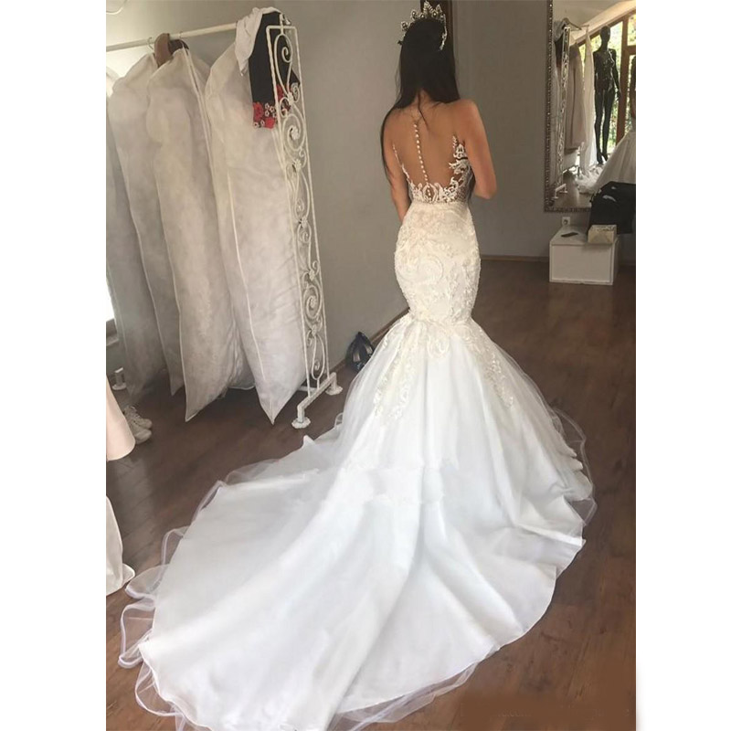 Charming Illusion Neck Mermaid Wedding Dresses Button Back Tulle Satin Court Train African Modest Bridal Wedding Gowns robe de mariee