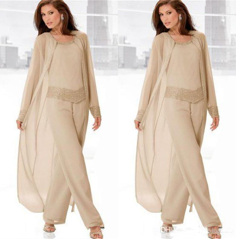 Champagne Three Pieces Mother of the Bride Suits with Jackets Long Sleeve Beaded Chiffon Formal Plus Size Women Dress Evening Wear