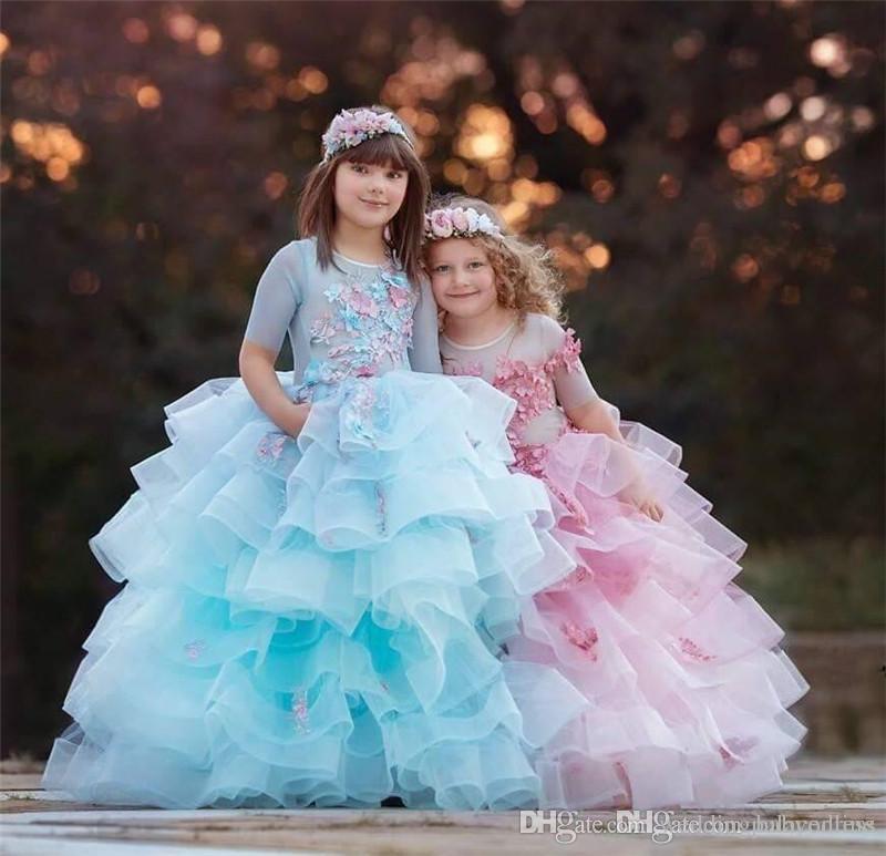 Colorful Princess Ball Gown Pageant Dresses Tulle Layered Ruffles Sheer Crew Neck 1/2 Sleeves Long Formal wer Girl Dress For Kids