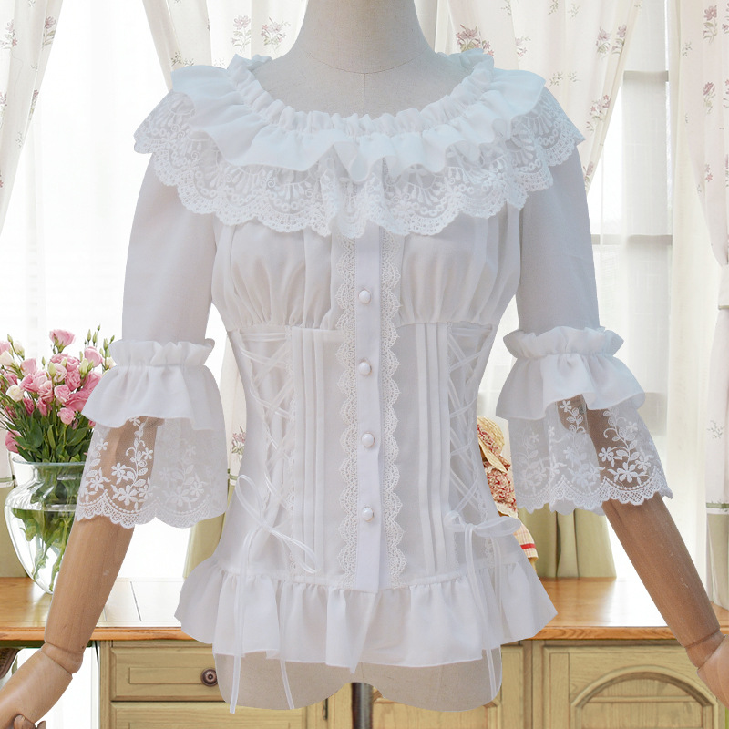 Lolita Women's Chiffon Blouse White Black Half Flare Sleeve with Ruffled Layered Collar Side Lace-up and Lace Accents S-XXL Free Shipment