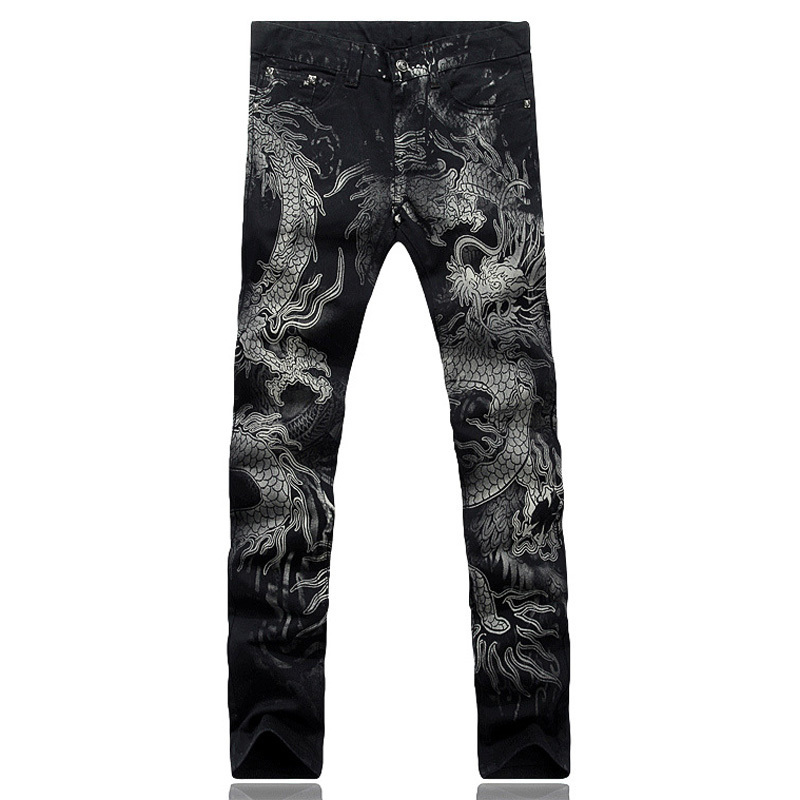 Sokotoo Men's Fashion Dragon Print Jeans Male Colored Drawing Painted Slim Denim Pants Elastic Black Long Trousers Y19072301