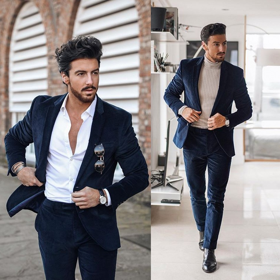 2020 Velvet Mens Suits Two Piece Tweed Suit Herringbone Peaked Lapel Custom Made Groom Tuxedos Wedding Prom Dress Jacket Pants