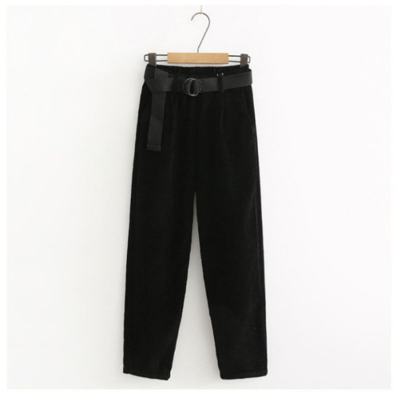 Corduroy Pants Harem Pants Autumn Winter Women Pants Elastic Waist Sashes Casual Black Trousers pantalones mujer cintura alta T200104