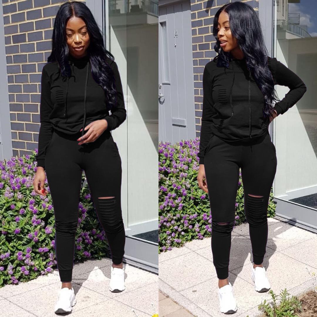 European fashion spring and summer new solid color hooded long-sleeved hooded burnt casual trouser suit. Support mixed batch