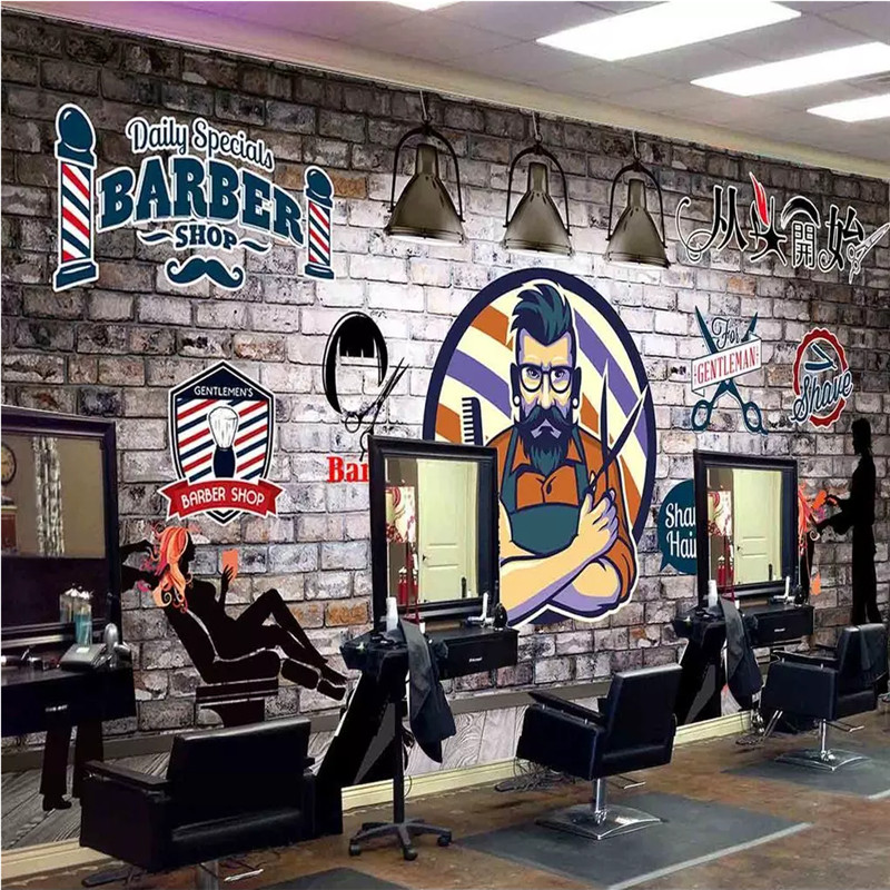 Custom Wall Paper 3D European Hand-painted Retro Barber Shop Hair Salon Background Mural Wallpaper 3D Industrial Decor Murals