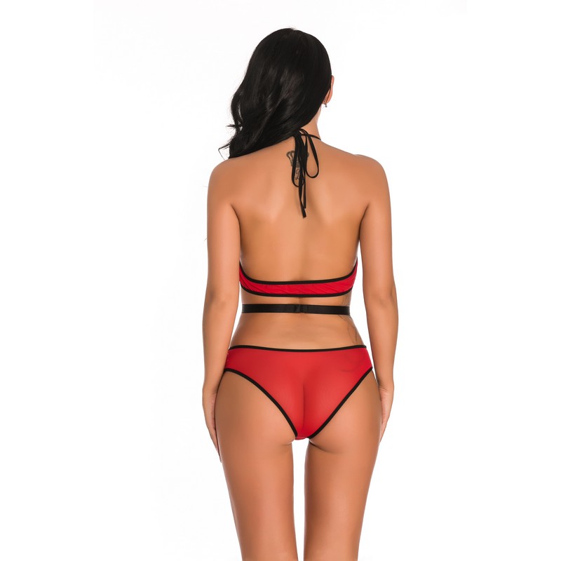 Women Sexy V-plung White Fuzzy Trim Neckline and Side Cut-out Christmas Holiday Red Mesh High-cut Teddy with Black Belt Lingerie Nightwear