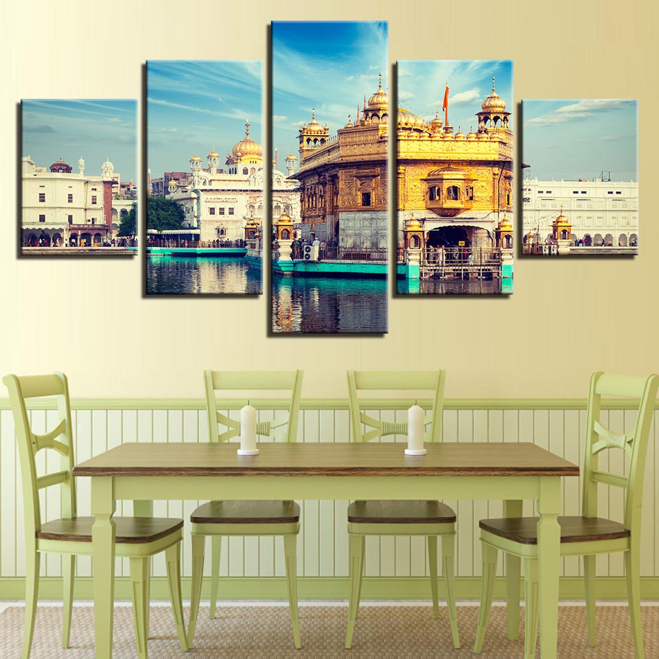 Canvas Posters Living Room HD Prints Pictures Home Decor 5 Pieces Blue Sky Golden Temple Landscape Paintings Wall Art No Frame