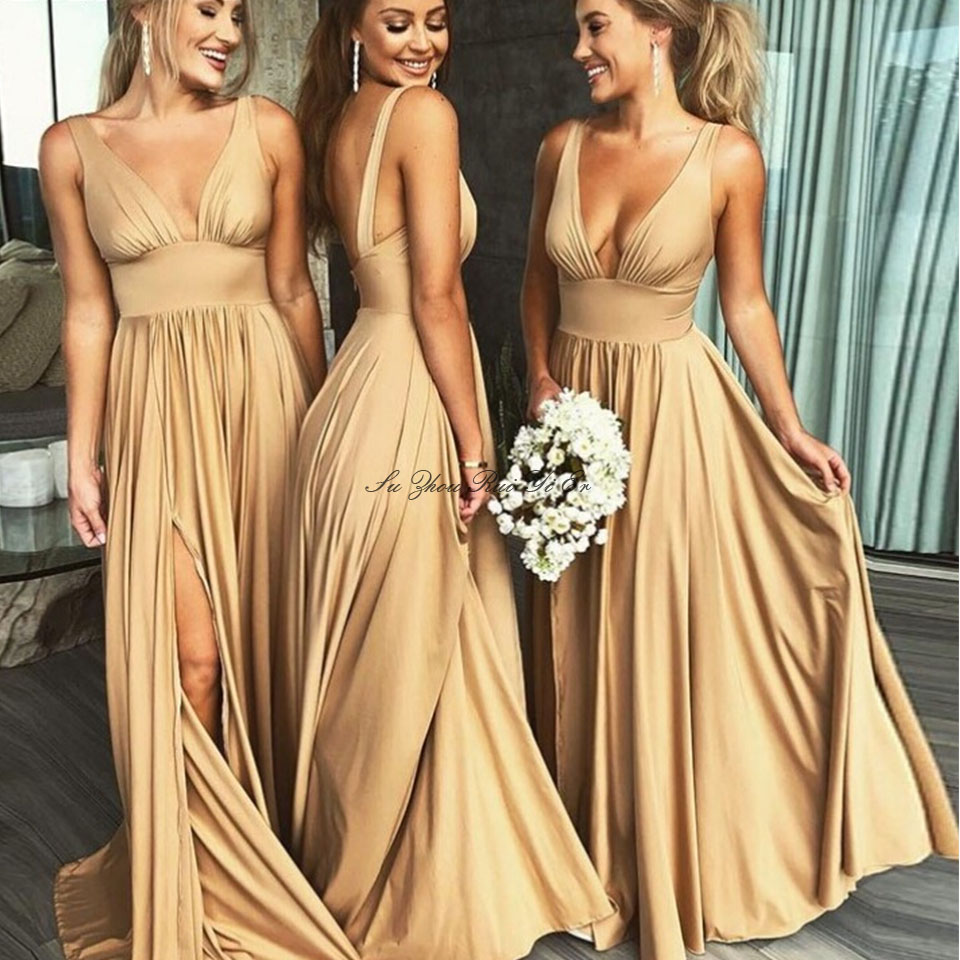 Golden Satin Bridesmaid Dresses For Women's Wedding V-neck Wedding Guest Dress Lady Honor High Split A-line Party Gown Cheap
