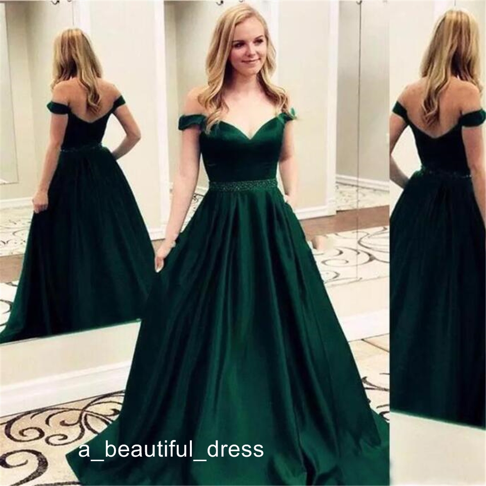 New Dark Green Evening Dresses Off The Shoulder Beaded Waistline Satin Backless Party Dresses Elegant Long Prom Dresses PD5567