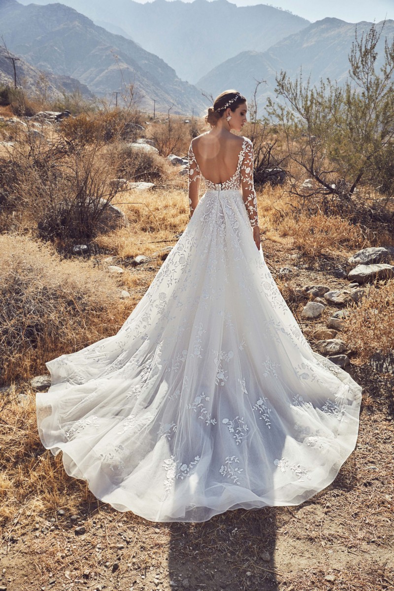 Calla Blanche 2019 Long Sleeve Wedding Dresses Lace Appliqued Sheer Neck Bridal Gowns For Beach Gardens Backless Sweep Train Wedding Dress