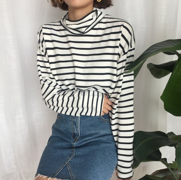 Spring And Autumn Long Sleeve Turtleneck Striped Casual T Shirt Loose Pullover Regualr Tops Female Cloths