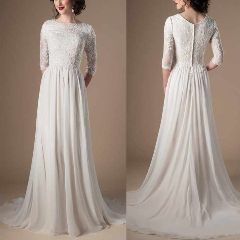 2020 Summer Chiffon Wedding Dresses Jewel Half Sleeves A-Line Wedding Dress Lace Appliques Country Garden Bridal Gowns