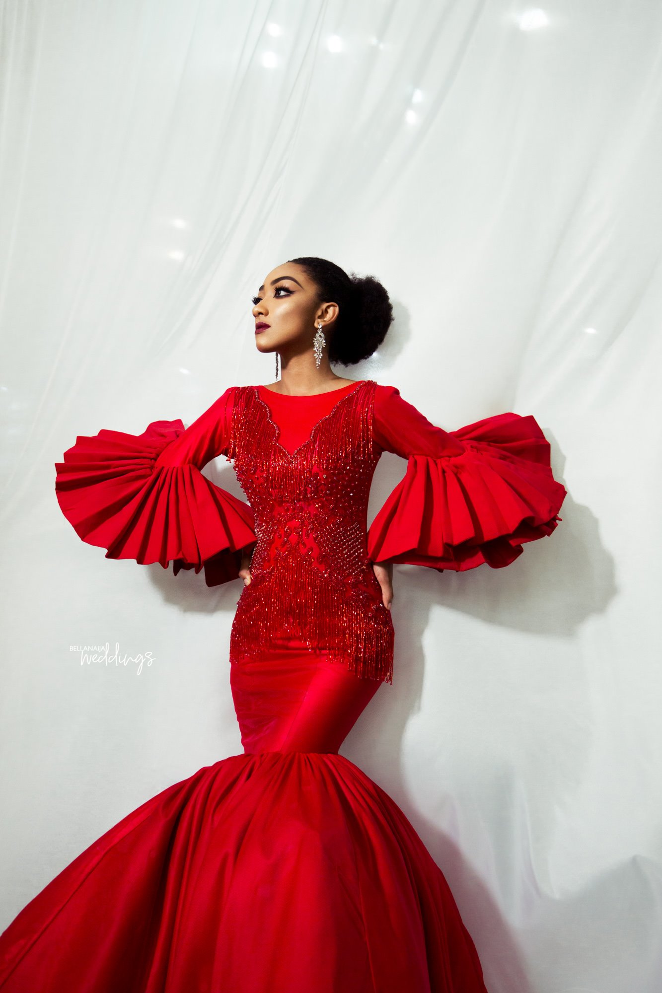 Elegant Mermaid Prom Dresses 2020 Puffy Sleeves Red Formal Evening Gowns Beaded Floor Length Pageant Party Dress Plus Size