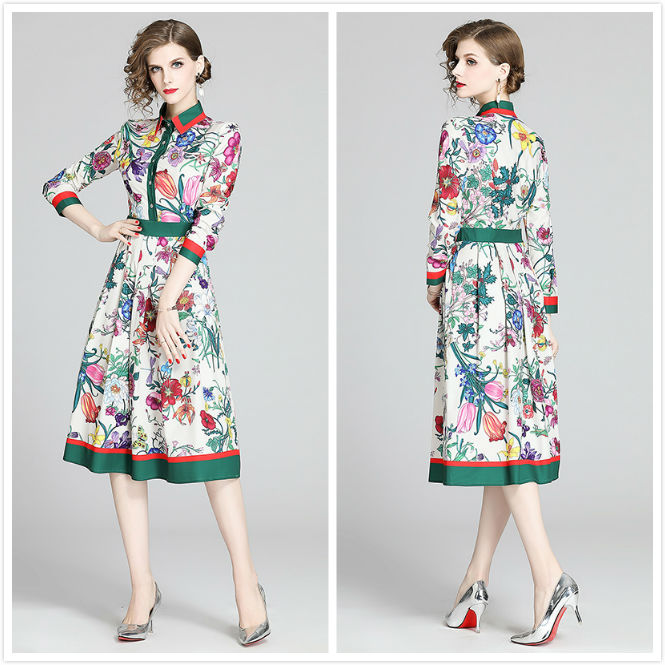 new runway floral designer dress plus size womens fashion printed lantern sleeve ladies pleated dresses slim elegant office shirt dress, Black;gray
new runway floral designer dress plus size womens fashion printed lantern sleeve ladies pleated dresses slim elegant office shirt dress, Black;gray