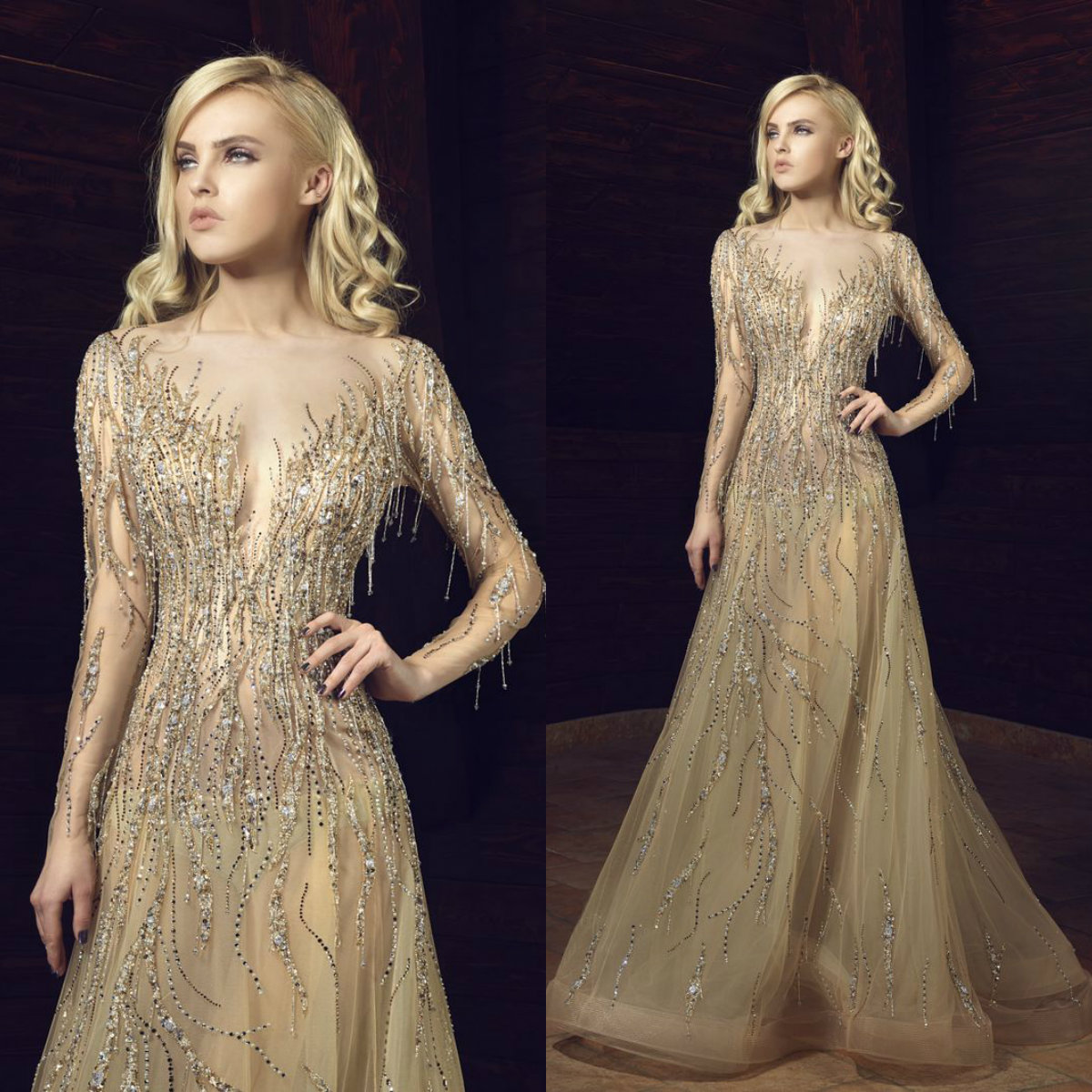 2019 Gold Mermaid Prom Dresses Luxury Crystals Sequined Tulle V Neck Evening Dress Tony Chaaya Long Sleeve Tassels Formal Party Gowns