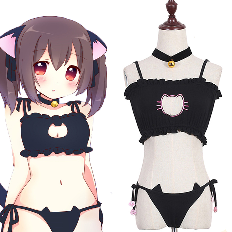 Sexy Kawaii Neko Cat Hollow Keyhole Bra Cute Cat Print Underpant Underwear Love Live Cosplay Women Erotic Lingerie Set, Black cat underwear 
Sexy Kawaii Neko Cat Hollow Keyhole Bra Cute Cat Print Underpant Underwear Love Live Cosplay Women Erotic Lingerie Set, Black cat underwear