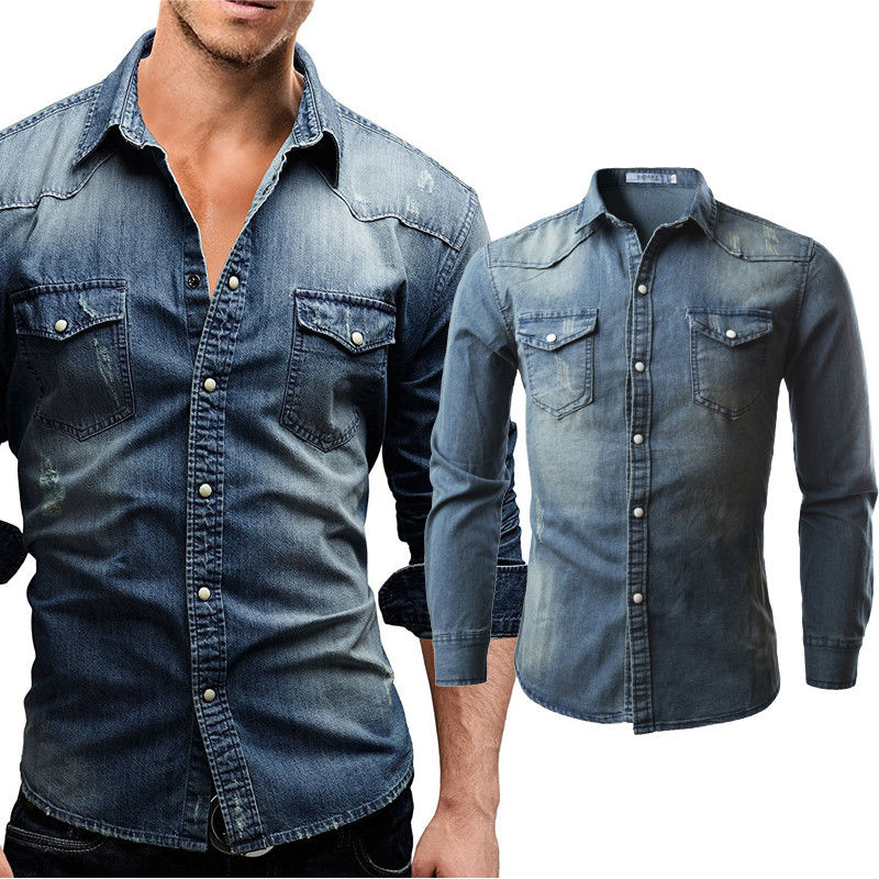 Hirigin Solid Summer Casual Shirts Clothes Men Slim Fit Button Down Jeans Shirt Tops Casual Long Sleeve Denim Tee Shirts